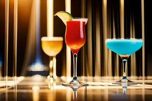 three different colored cocktails sit on a table. AI-Generated photo