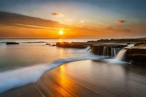 a beautiful sunset over the ocean with waves crashing into the shore. AI-Generated photo