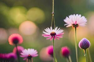 pink flowers hanging from a string in a field. AI-Generated photo