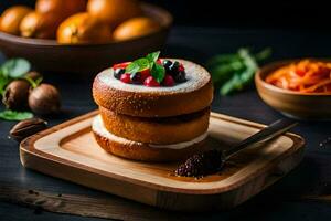 a stack of bread with fruit and vegetables on a wooden cutting board. AI-Generated photo