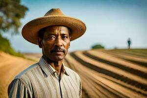 un hombre en un Paja sombrero soportes en el medio de un campo. generado por ai foto