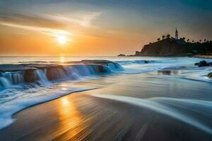 the sun sets over the ocean and waves crashing into the shore. AI-Generated photo
