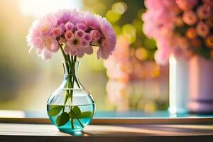 a vase with pink flowers sitting on a table. AI-Generated photo