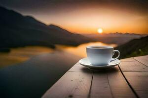 a cup of coffee on a wooden table overlooking a lake. AI-Generated photo
