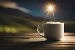 a cup of coffee on a wooden table with a star shining in the background. AI-Generated photo