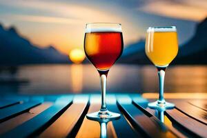 two glasses of beer on a table with a sunset in the background. AI-Generated photo