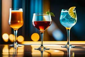 three different types of drinks are shown on a bar. AI-Generated photo