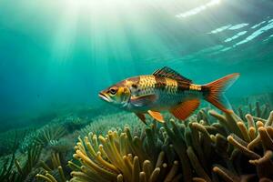 a fish swimming in the ocean with sunlight shining on it. AI-Generated photo