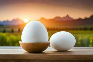 two eggs in a wooden bowl on a table with a sunset in the background. AI-Generated photo