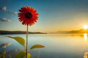 a single red flower stands in front of a lake at sunset. AI-Generated photo