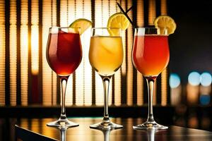 three glasses of different colored drinks on a bar. AI-Generated photo