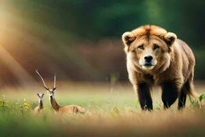 un león y un antílope caminar en el césped. generado por ai foto