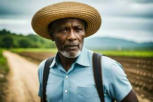 a man wearing a hat and standing on a dirt road. AI-Generated photo