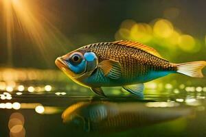 un pescado es nadando en el agua con un brillante ligero. generado por ai foto