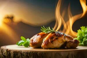 grilled chicken on a wooden stump with fire. AI-Generated photo