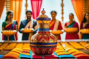 a colorful vase with people standing around it. AI-Generated photo