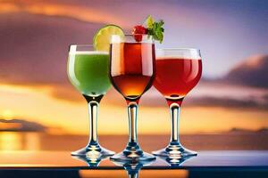 three glasses of cocktails with a sunset in the background. AI-Generated photo