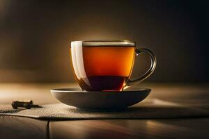 a cup of tea sits on a wooden table. AI-Generated photo