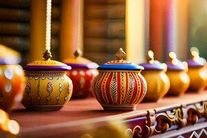 colorful pots on a table in front of a window. AI-Generated photo