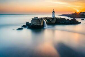a lighthouse sits on the edge of a cliff at sunset. AI-Generated photo