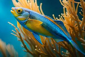 a fish with blue and yellow fins swimming in the ocean. AI-Generated photo