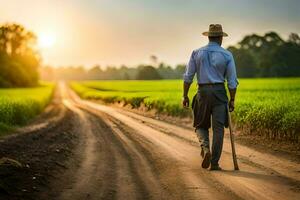 a man walking down a dirt road with a cane. AI-Generated photo