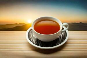a cup of tea on a wooden table with a view of the sunset. AI-Generated photo