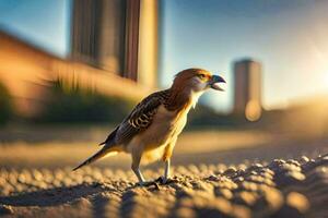 a bird is standing on the ground near a city. AI-Generated photo