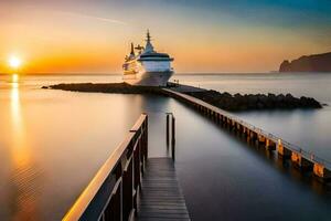 a cruise ship docked at the end of a pier at sunset. AI-Generated photo