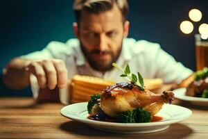 a man is eating a chicken on a plate. AI-Generated photo