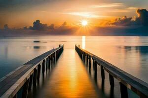 a pier in the ocean at sunset. AI-Generated photo