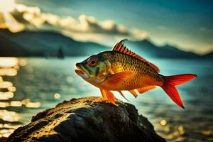 un pescado es en pie en un rock en frente de el agua. generado por ai foto