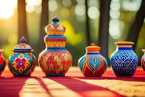 colorful vases on a red tablecloth. AI-Generated photo