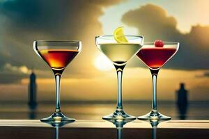 three different cocktails are shown on a table. AI-Generated photo