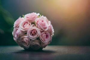 a bouquet of pink roses sitting on a table. AI-Generated photo