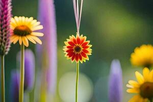 a colorful flower is in the middle of a field. AI-Generated photo