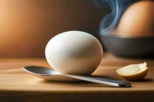 an egg sitting on a table with a spoon. AI-Generated photo