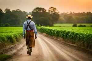 a man in a hat and overalls walking down a dirt road. AI-Generated photo