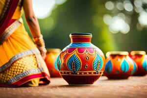 a woman in a sari is sitting next to colorful vases. AI-Generated photo