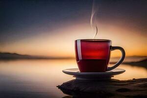 a cup of tea on the rocks, sunrise, water, tea, hd wallpaper. AI-Generated photo