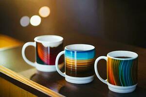 three coffee mugs with different designs on them. AI-Generated photo