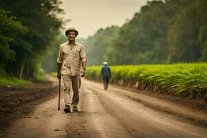 a man walking down a dirt road with cane in hand. AI-Generated photo