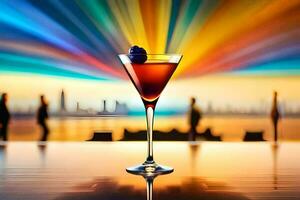 a cocktail in a glass with a colorful background. AI-Generated photo