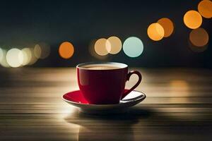 a red cup of coffee on a wooden table with bokeh lights. AI-Generated photo