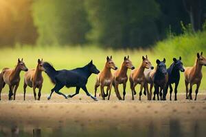 un manada de caballos corriendo a través de un campo. generado por ai foto