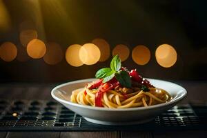 un plato de pasta con Tomates y albahaca en un mesa. generado por ai foto