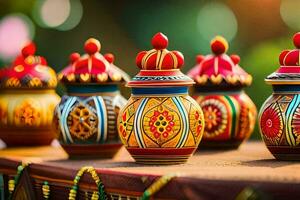 colorful pottery vases on a table. AI-Generated photo
