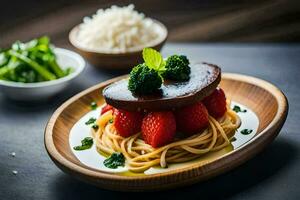 a plate with spaghetti and strawberries on it. AI-Generated photo