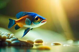 a fish is swimming in the water with some rocks. AI-Generated photo