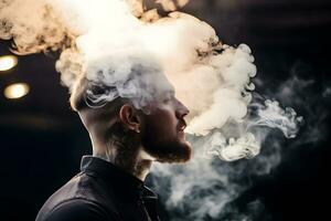 Cloudy smoke coming out of the mouth of a smoker. Concept of heavy smoking, chain smoker photo